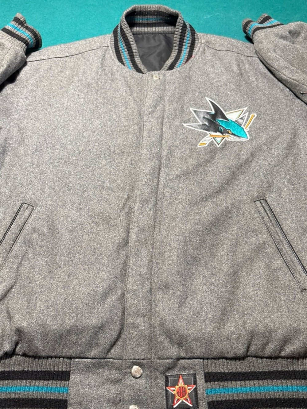 SJ Sharks Reversible Gray/Black Wool-Blend Bomber Jacket , XL , $74